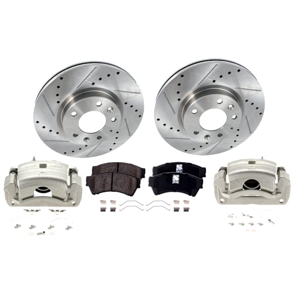 2-Wheel Set Front Brake Kit With Calipers, Cross-drilled and Slotted 5 Lugs 299 mm Ceramic, Includes (2) Brake Caliper, (1) Brake Pad Set and (2) Brake Disc