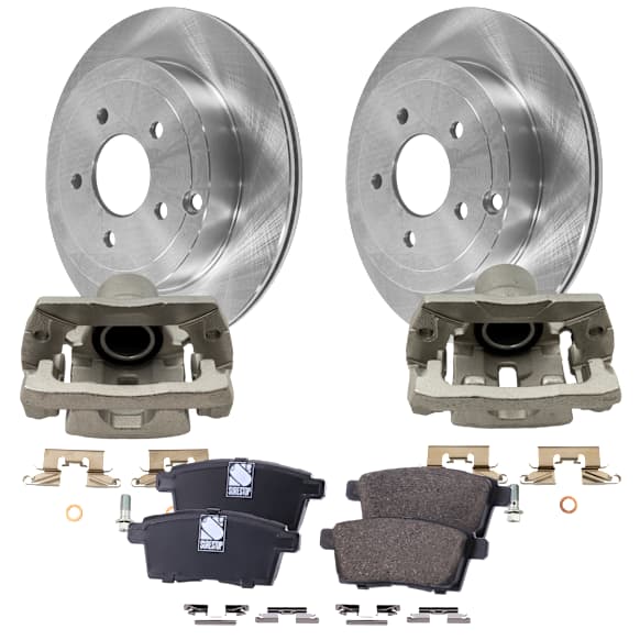 2-Wheel Set Rear Brake Kit With Calipers, Plain Surface 5 Lugs 302.01 mm Ceramic, Includes (2) Brake Caliper, (2) Brake Disc and (1) Brake Pad Set