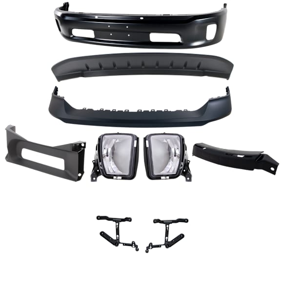 8-Piece Kit Front Bumper Painted Black, Includes (1) Bumper, (1) Bumper Cover, (1) Valance, (2) Bumper Bracket, (2) Fog Light and (1) Bumper Trim