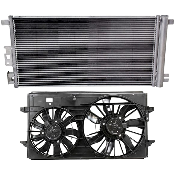2-Piece Kit OE Replacement Radiator Fan, Dual fan, Includes (1) Cooling Fan Assembly and (1) A/C Condenser