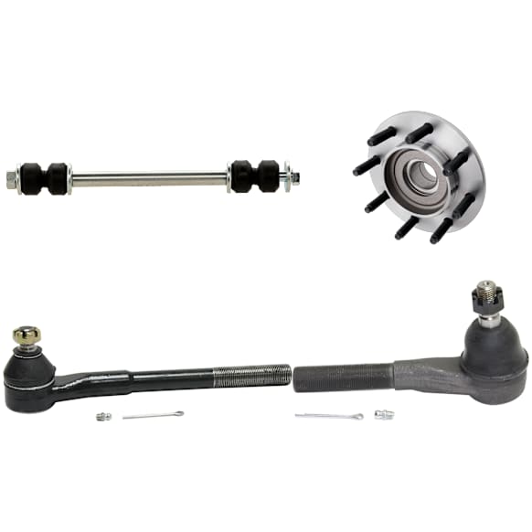 2-Wheel Set Front, Driver and Passenger Side Wheel Hub, 8 Lugs, With Bearing, RWD, Includes (2) Sway Bar Link, (4) Tie Rod End, and (2) Wheel Hub