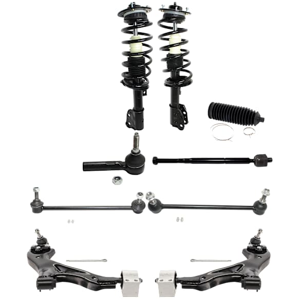 12-Piece Kit Front, Driver and Passenger Side Fully Loaded Strut, Includes (2) Control Arm, (2) Sway Bar Link, (4) Tie Rod End, (2) Steering Rack Boot and (2) Shock Absorber and Strut Assembly