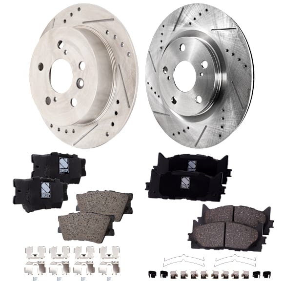 4-Wheel Set Front and Rear Brake Disc and Pad Kit, Cross-drilled and Slotted Front-296 mm/Rear-281 mm, Includes (4) Brake Disc and (2) Brake Pad Set