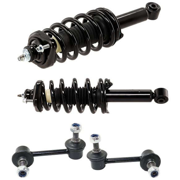 4-Piece Kit Rear, Driver and Passenger Side Fully Loaded Strut, Includes (2) Shock Absorber and Strut Assembly and (2) Sway Bar Link