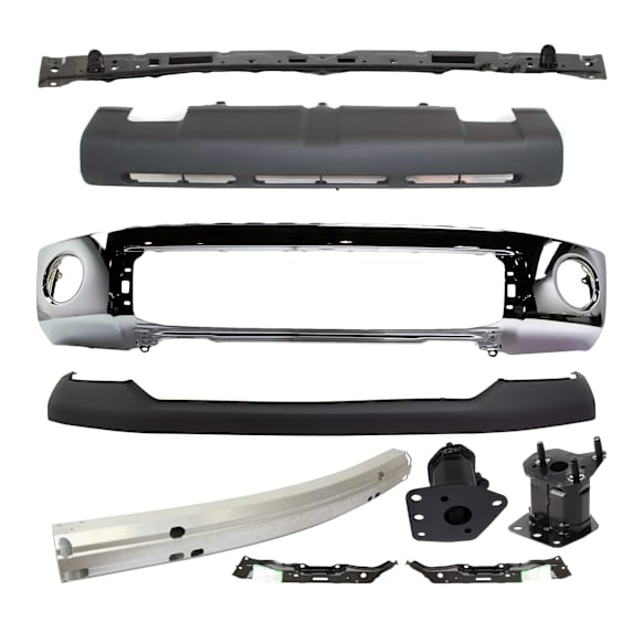 9-Piece Kit Front Bumper Chrome, Includes (1) Bumper, (1) Bumper Reinforcement, (1) Valance, (1) Bumper Cover, (3) Bumper Retainer and (2) Bumper Bracket