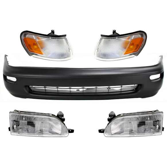 1996 Toyota Corolla - 5-Piece Kit Front Primed Bumper Cover, Includes (1) Bumper Cover, (2) Corner Light, and (2) Headlight