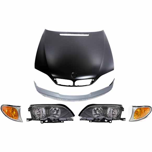 6-Piece Kit Factory Style Hood, Steel, Primed, Includes (1) Bumper Cover, (2) Corner Light, (2) Headlight, and (1) Hood
