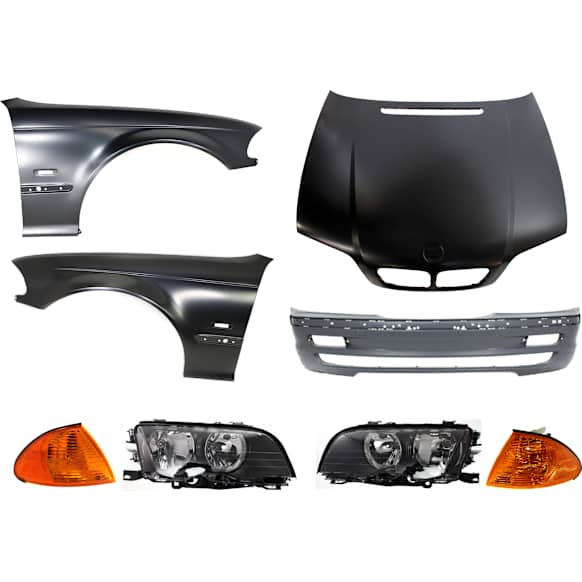 1999 BMW 323i - 8-Piece Kit Factory Style Steel Hood, Primed, Sedan, Includes (1) Bumper Cover, (2) Corner Light, (2) Fender, (2) Headlight, and (1) Hood