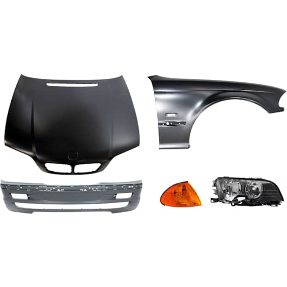 1999-2000 BMW 328i - 5-Piece Kit Factory Style Hood, Steel, Primed, Includes (1) Bumper Cover, (1) Corner Light, (1) Fender, (1) Headlight, and (1) Hood