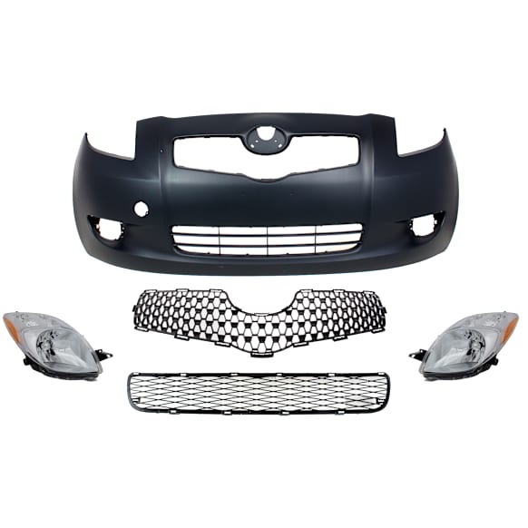 5-Piece Kit Driver and Passenger Side Halogen Headlight, Without bulb(s), Hatchback,  Includes (1) Bumper Cover, (1) Bumper Grille, (1) Grille Assembly, and (2) Headlight