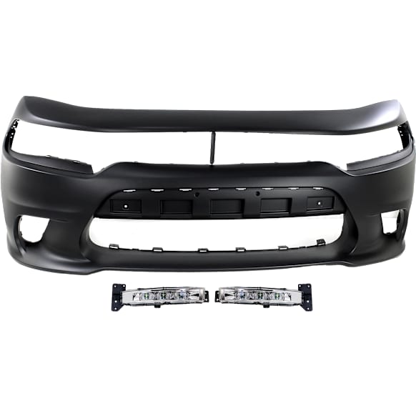 3-Piece Kit, Front Primed Bumper Cover, For Models With Hood Scoop, Without Widebody, For Models With LED Type, Includes (1) Bumper Cover and (2) Fog Light