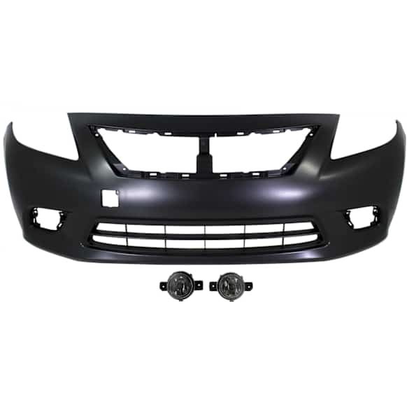 2012 Nissan Versa - 3-Piece Kit Front Primed Bumper Cover, Sedan, Includes (1) Bumper Cover and (2) Fog Light