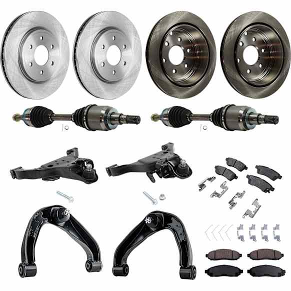 14-Piece Kit Front, Driver and Passenger Side Axle Assembly, includes (2) Axle Assembly, (4) Brake Disc, (2) Brake Pad Set, and (4) Control Arm