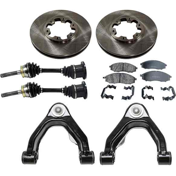 7-Piece Kit Front, Driver and Passenger Side Axle Assembly - New 7-Piece Kit 4WD, Includes (2) Brake Disc, (1) Brake Pad Set, (2) Control Arm and (2) Axle Assembly