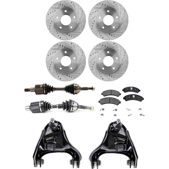 7-Piece Kit Front, Driver and Passenger Side Axle Assembly - New 7-Piece Kit, Includes (1) Brake Pad Set, (2) Control Arm, (2) Axle Assembly and (2) Brake Disc