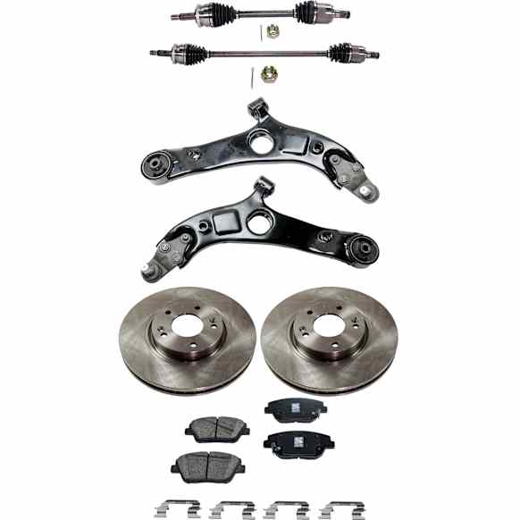 7-Piece Kit Front, Driver and Passenger Side Axle Assembly - New 7-Piece Kit, 2.4L, 4Cyl, Includes (2) Brake Disc, (1) Brake Pad Set, (2) Control Arm and (2) Axle Assembly