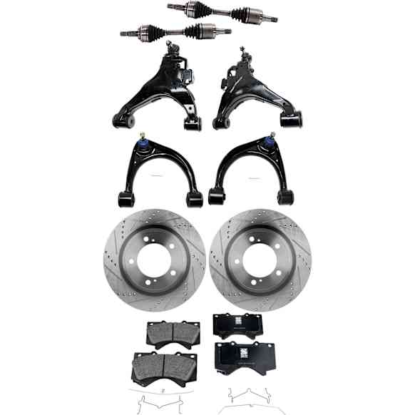 9-Piece Kit Front, Driver and Passenger Side Axle Assembly - New 9-Piece Kit 4WD, Includes (1) Brake Pad Set, (4) Control Arm, (2) Axle Assembly and (2) Brake Disc