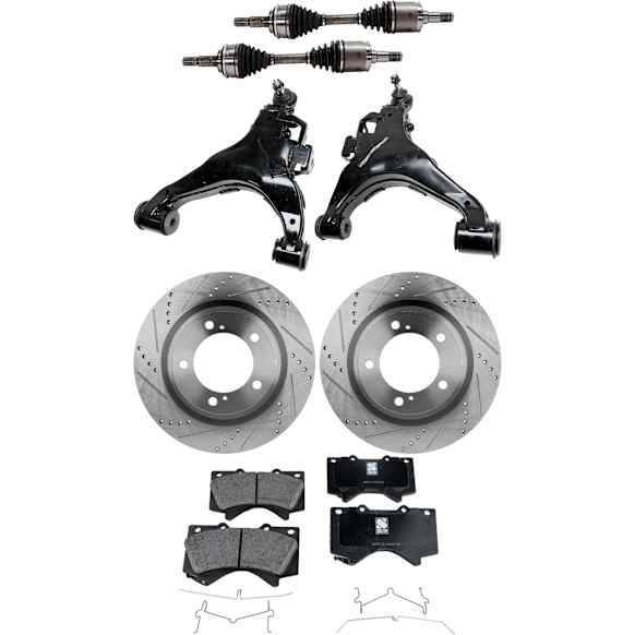 7-Piece Kit Front, Driver and Passenger Side Axle Assembly - New 7-Piece Kit 4WD, Includes (1) Brake Pad Set, (2) Control Arm, (2) Axle Assembly and (2) Brake Disc