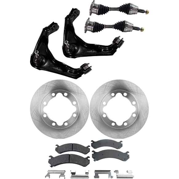 8-Piece Kit Front, Driver and Passenger Side Axle Assembly, 4WD, Supplied with Standard Neoprene Outboard Boot, New, includes (2) Axle Assembly, (2) Brake Disc, (1) Brake Pad Set, and (2) Control Arm
