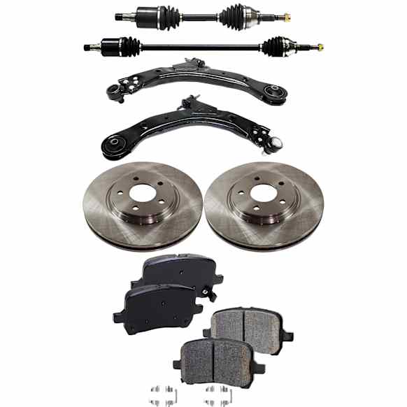 8-Piece Kit Front, Driver and Passenger Side Axle Assembly with Brake Discs, Brake Pad Set, and Control Arms, Standard Transmission