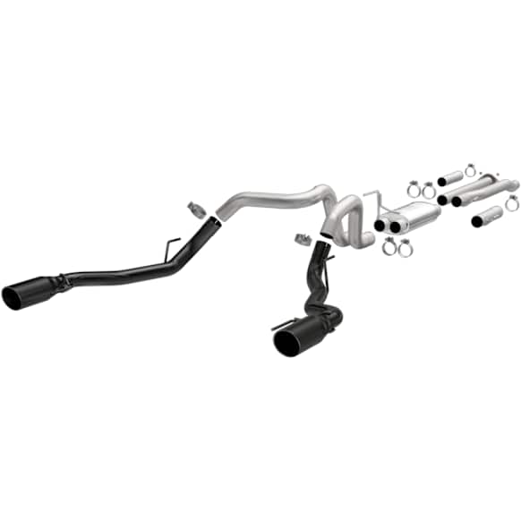 19350 MF Exhaust System, Stainless Steel, 4 in. Cat-Back, Split Rear, Black Coated Tips