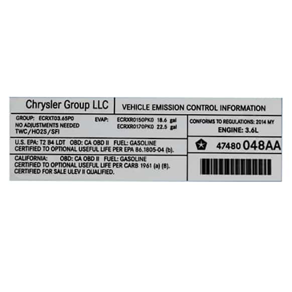 47480048AA Direct Fit Emission Label, Sold Individually