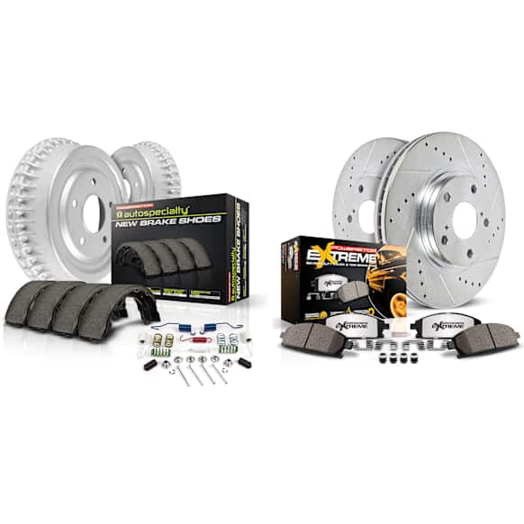K15461DK-36 4-Wheel Set Brake Disc and Pad Kit, Cross-drilled and Slotted 5 Lugs 296.93 mm Carbon Fiber Ceramic Z36 Extreme Truck And Tow, Includes (1) Brake Disc and Pad Kit and (1) Brake Drum and Shoe Kit