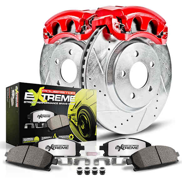 KC1720-26 2-Wheel Set Rear Brake Kit With Calipers, Cross-drilled and Slotted 5 Lugs 320 mm Red Powdercoat Caliper, Carbon Fiber Ceramic, Includes (1) Disc and Pad Kit and (1) Caliper