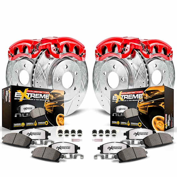 KC1855-36 2-Wheel Set Front and Rear Brake Kit With Calipers, Cross-drilled and Slotted 5 Lugs 285 mm Red Powdercoat Caliper, Carbon Fiber Ceramic, Includes (2) Disc and Pad Kit and (2) Caliper