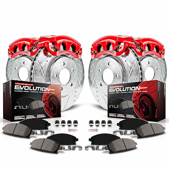 KC2068 2-Wheel Set Front and Rear Brake Kit With Calipers, Cross-drilled and Slotted 6 Lugs 330 mm Red Powdercoat Caliper, Carbon Fiber Ceramic, Includes (2) Disc and Pad Kit and (2) Caliper