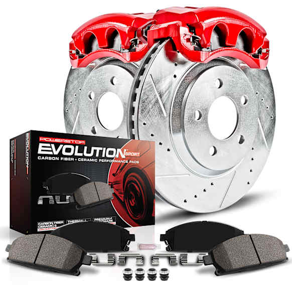 KC2071 2-Wheel Set Front Brake Kit With Calipers, Cross-drilled and Slotted 8 Lugs 325 mm Red Powdercoat Caliper, Carbon Fiber Ceramic, Includes (1) Disc and Pad Kit and (1) Caliper