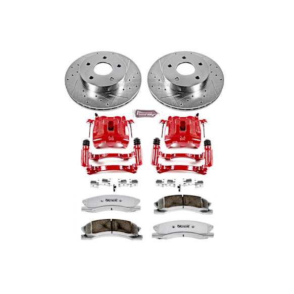 KC2149-26 2-Wheel Set Front Brake Kit With Calipers, Cross-drilled and Slotted 5 Lugs 305 mm Red Powdercoat Caliper, Carbon Fiber Ceramic, Includes (1) Disc and Pad Kit and (1) Caliper