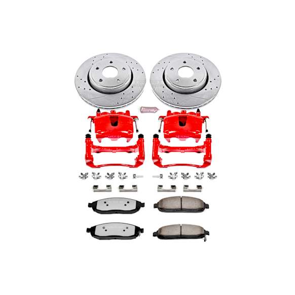 KC2219-36 2-Wheel Set Front Brake Kit With Calipers, Cross-drilled and Slotted 5 Lugs 327.7 mm Red Powdercoat Caliper, Carbon Fiber Ceramic, Includes (1) Disc and Pad Kit and (1) Caliper