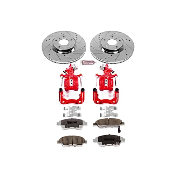 KC2391-26 2-Wheel Set Rear Brake Kit With Calipers, Cross-drilled and Slotted 5 Lugs 259.8 mm Red Powdercoat Caliper, Carbon Fiber Ceramic, Includes (1) Disc and Pad Kit and (1) Caliper