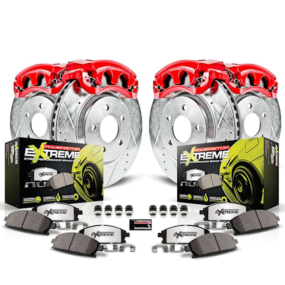 KC2767-26 2-Wheel Set Front and Rear Brake Kit With Calipers, Cross-drilled and Slotted 5 Lugs 308 mm Red Powdercoat Caliper, Carbon Fiber Ceramic, Includes (2) Disc and Pad Kit and (2) Caliper