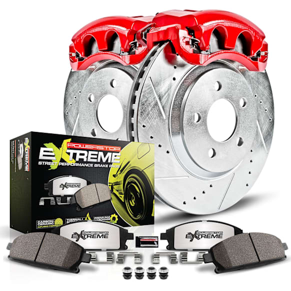 KC3154-26 2-Wheel Set Rear Brake Kit With Calipers, Cross-drilled and Slotted 5 Lugs 282 mm Red Powdercoat Caliper, Carbon Fiber Ceramic, Includes (1) Disc and Pad Kit and (1) Caliper
