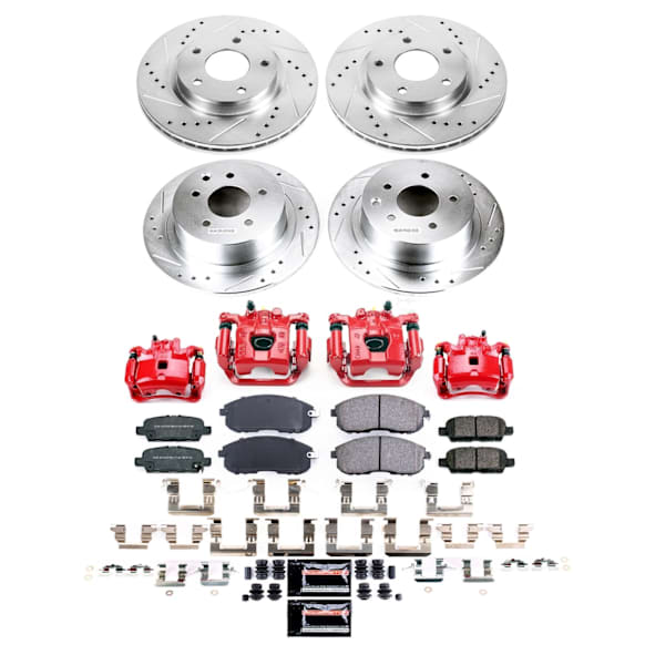 KC8359 Front and Rear Brake Kit With Calipers, Cross-drilled and Slotted, 5 Lugs, 280 mm, Powdercoated red, Carbon Fiber Ceramic