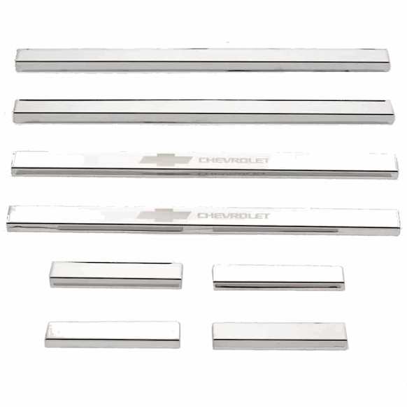 95172GM-1 Door Sill Protector - Chrome, Stainless Steel, Bowtie Chevrolet Logo, Direct Fit, Set of 8