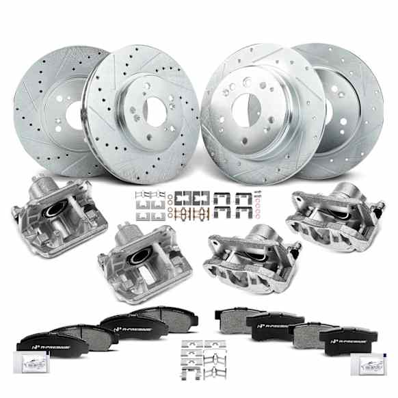 APBRPS1102 16 Pcs Front & Rear Drilled Brake Rotors & Pads + Brake Calipers