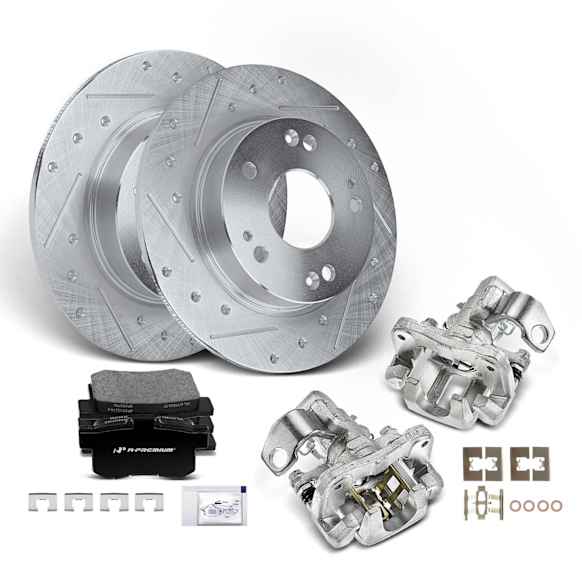 APBRPS738 8 Pcs Rear Drilled Brake Rotors & Pads + Brake Calipers