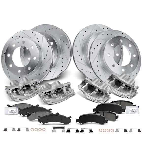 APBRPS992 16 Pcs Front & Rear Drilled Brake Rotors & Pads + Brake Calipers