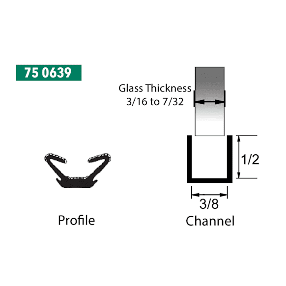 75 0639 - Glass Run Channel 3/8 in. x 1/2 in. - Fits 3/16 in. to 7/32 in. Glass Thickness - Universal