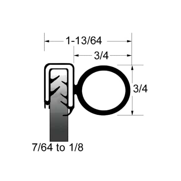 UWS 133-25 Universal Bulb Seal, 3/4" Bulb at Side - Grip Edges from 7/64 to 1/8, 25 Feet Roll