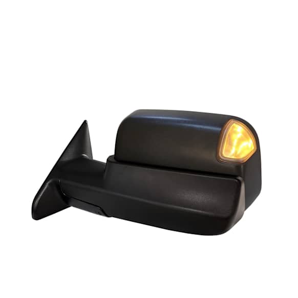 Driver Side Towing Mirror, Power Adjust, Heated, Power Folding, Textured Black, In-housing Signal Light, With Memory, With Puddle Light, No Auto-Dim, With Blind Spot Light in Glass