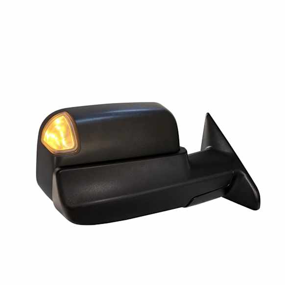 Passenger Side Towing Mirror, Power Adjust, Heated, Power Folding, Textured Black, In-housing Signal Light, With Memory, With Puddle Light, No Auto-Dim, With Blind Spot Light in Glass