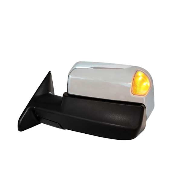 Driver Side Towing Mirror, Power Adjust, Heated, Power Folding, Chrome, In-housing Signal Light, With Memory, With Puddle Light, No Auto-Dim, With Blind Spot Glass