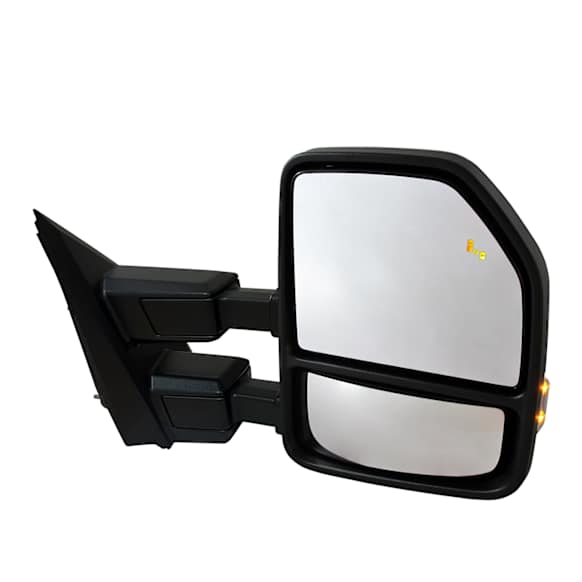 Passenger Side Towing Mirror, Power Adjust, Heated, Manual Folding, Textured Black, In-housing Signal Light, No Memory, With Puddle Light, No Auto-Dim, With Blind Spot Glass