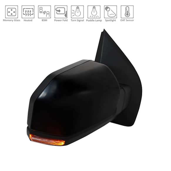 Passenger Side Mirror, Power Adjust, Heated, Power Folding, Paintable, In-housing Signal Light, With Memory, With Puddle Light, No Auto-Dim, With Blind Spot Detection in Glass