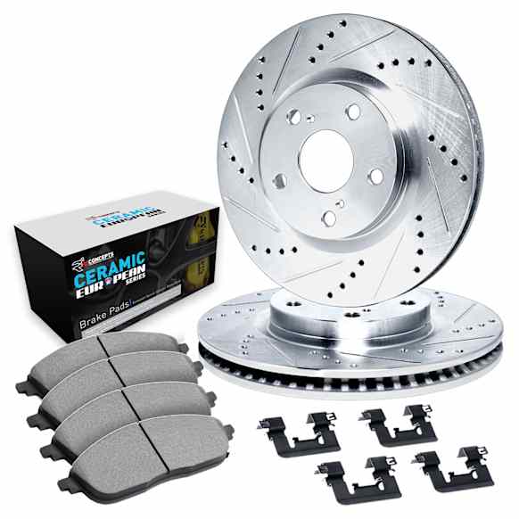WGTH1-47000 Rear Brake Disc and Pad Kit, Silver zinc-plated, Cross-drilled and Slotted, 305 mm, Ceramic, R1 eLINE Silver Rotors with European Ceramic Pads Series