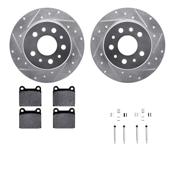 WGTH1-63008 Rear Brake Disc and Pad Kit, Silver zinc-plated, Cross-drilled and Slotted, 279 mm, Ceramic, R1 eLINE Silver Rotors with European Ceramic Pads Series